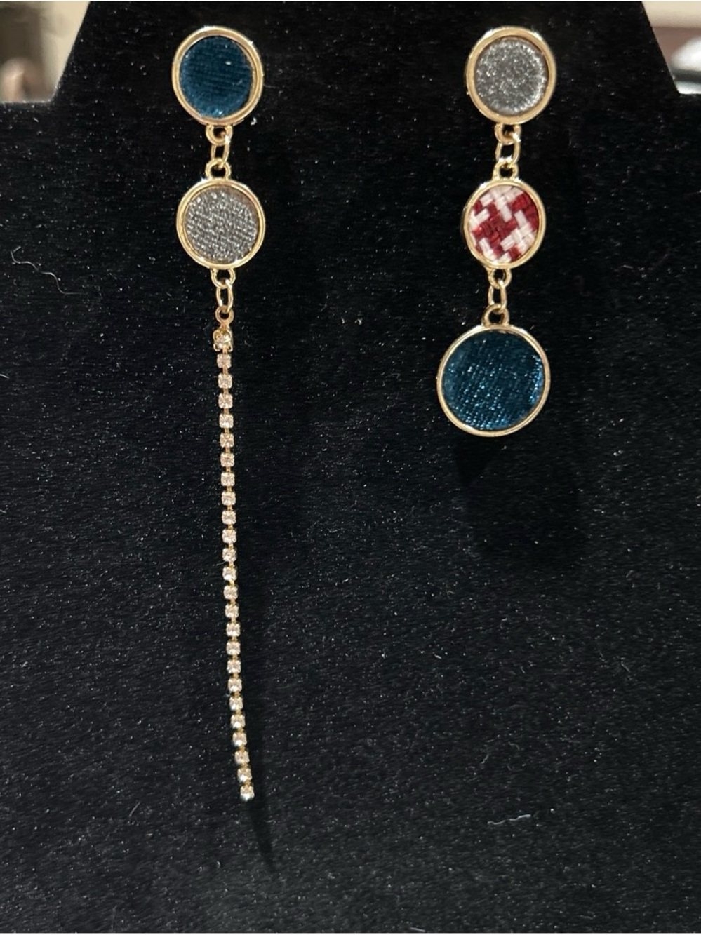 Gold color Drop Earrings with Teal, Silver and Red Accents